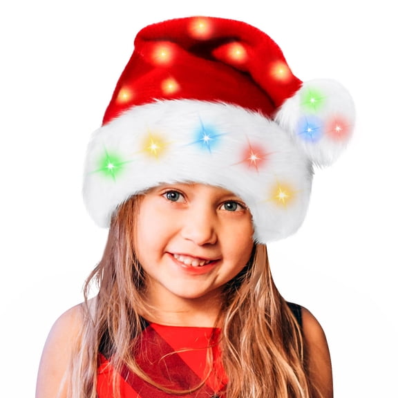Minzimin Santa Hat Light Up for Kids: LED Toddler Christmas Hat for Xmas Party - Red Velvet Santa Claus Hat for Boys Girls Child Infant