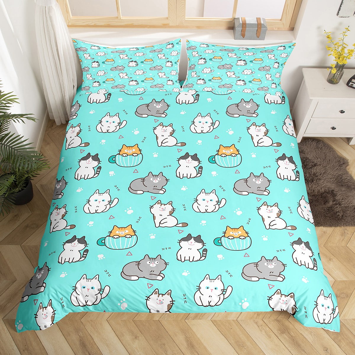 YST Kawaii Animal Bedding Sets Twin White Cat Comforter Cover for Girls