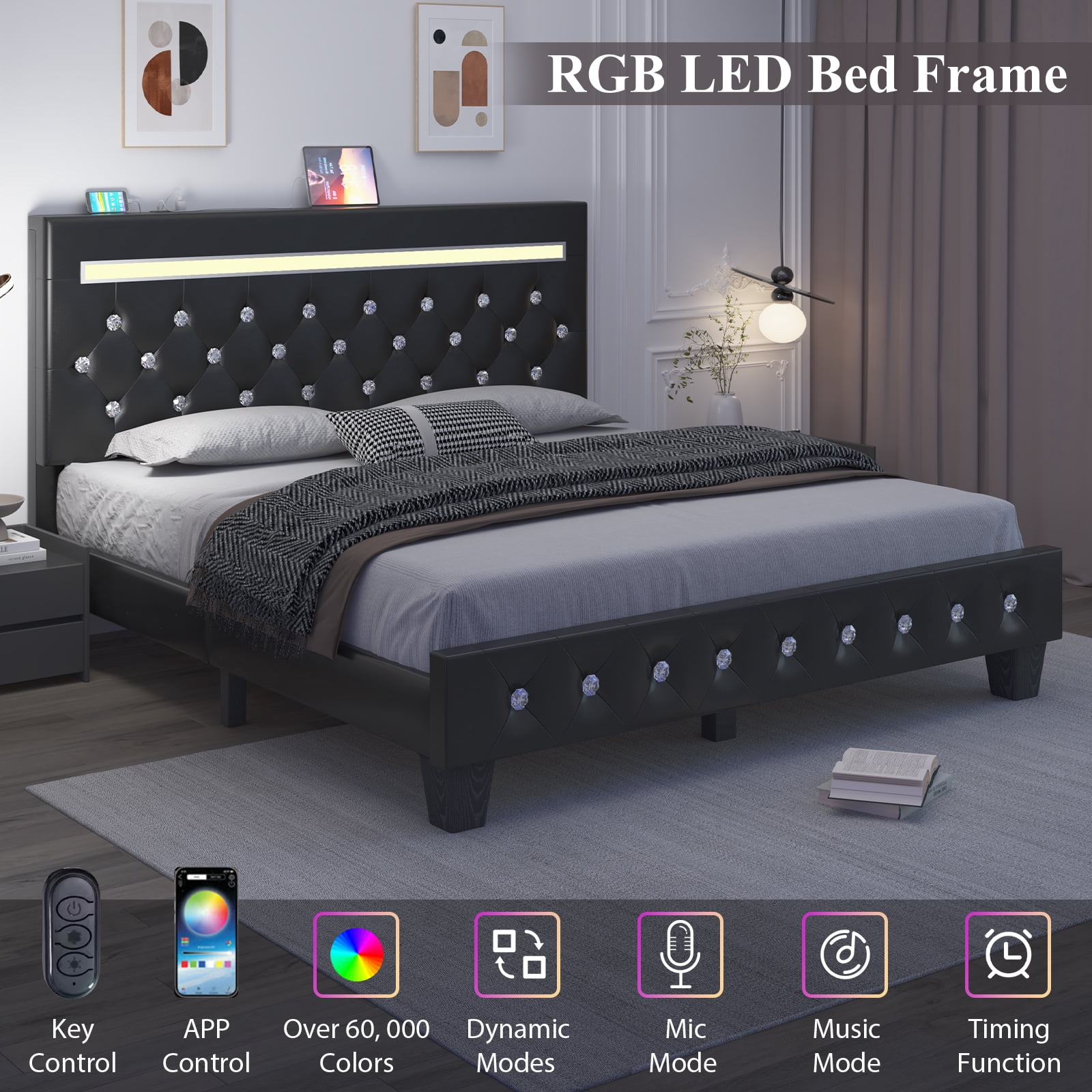 Queen Size Faux Leather LED Bed Frame with Adjustable Headboard Upholstered Platform Bed with Charging Station Diamond Button Tufted Style, Black
