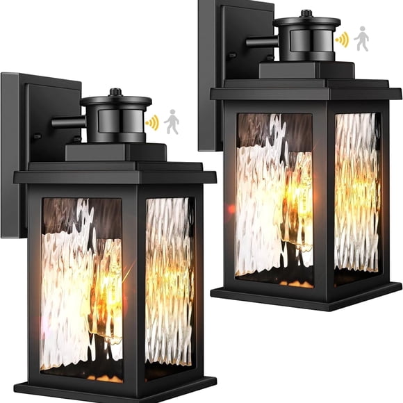 VIANIS Motion Sensor Exterior Lights for House, 2 Pack Dusk to Dawn Porch Lights Sconce Outdoor, Moden Black Outdoor Sconce Lights Lantern with Tempered Glass for Garage, Patio, Waterproof