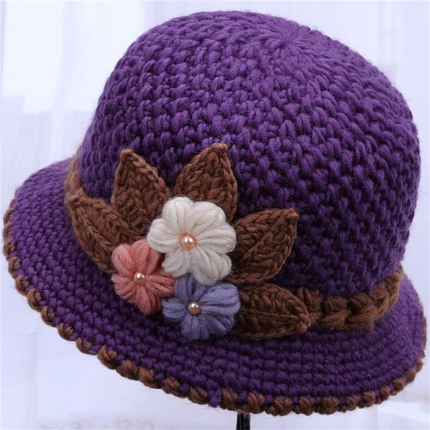 Sombrero de lana tejido floral para mujeres de invierno | Gorro de forro polar de algodón de doble capa | Ajuste elástico en calor de 21-22 pulgadas Circunferencia de cabeza | 18 cm de altura | 1