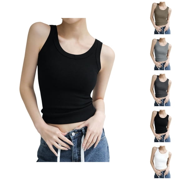 Womens Tank Tops with Built in Bras Stretchy Ribbed Scoop Neck Fitted Padded Sleeveless Shirt Basic Tanks