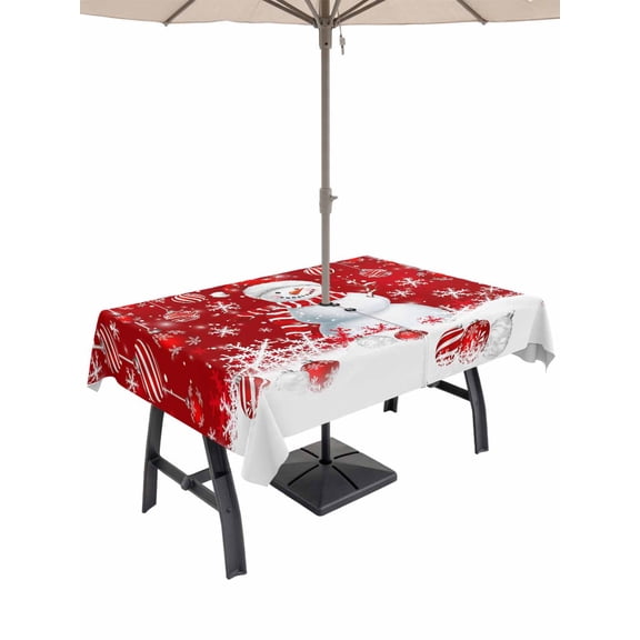 Outdoor Tablecloth with Umbrella Hole and Zipper, Red Snowman Christmas Rectangle Table Cloth 60x120 Inch Waterproof Tablecloth, Xmas Balls Snowflake Picnic Table Cover for Patio Camping