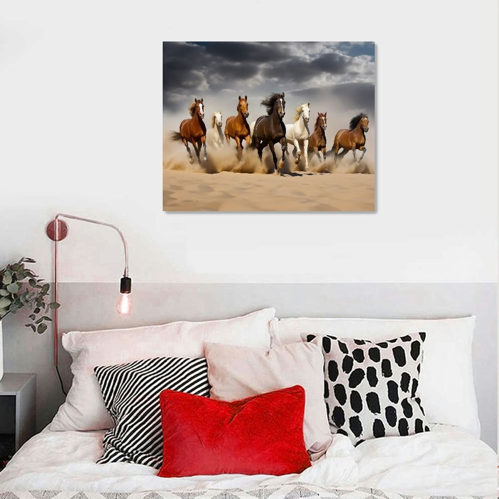 Fenyluxe  Horse Wall Art,Equine Themed Animals Galloping In The Sand Running Horses Pattern,Horse Painting Horse Pictures Wall Decor,Canvas Wall Art For Living Room Decor 20x16 in/16x12 in