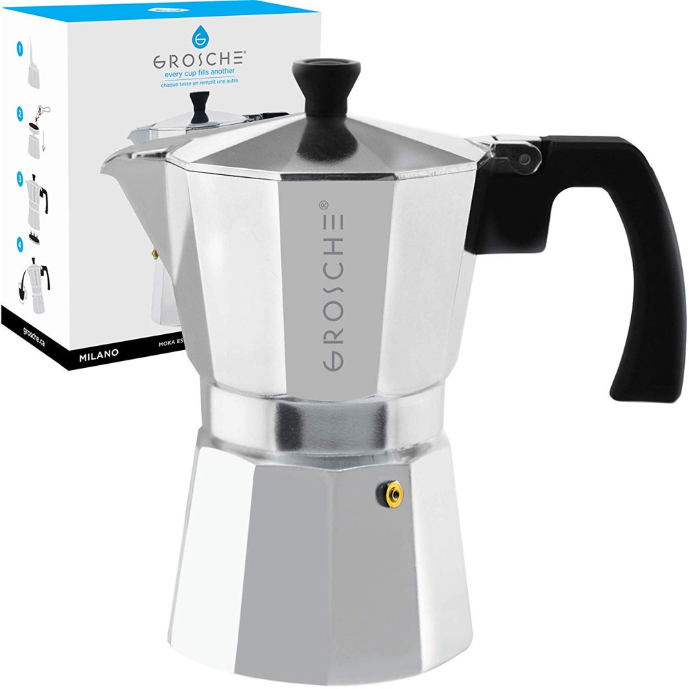 GROSCHE Milano Stovetop Espresso Maker Moka Pot 9 cup, 15.2 oz, Silver