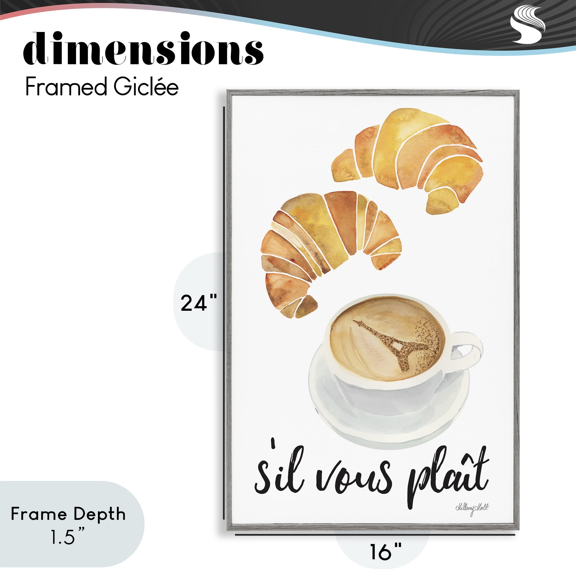 Stupell Industries Paris Croissant and Coffee Gray Framed Giclee Art, design by Hillary Holt