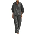 thumbnail image 4 of yardsong Women's Two Piece Linen Set Batwing Sleeve V Neck Button Shirts and Wide Leg Pants Set Summer Beach Vacation Outfit Gray,L, 4 of 9