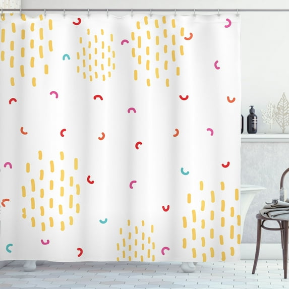 Abstract Shower Curtain, Modern Colorful Various Bold Blots and Lines Illustration on Plain Backdrop, Fabric Bathroom Set with Hooks, 69W X 70L Inches, White Multicolor, by Ambesonne