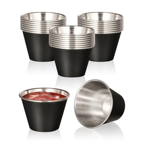 Fit Meal Prep [24 Pack 1.5 oz Stainless Steel Sauce Cups - Matte Black Individual Round Condiments Ramekins, Commercial Grade Safe/Portion Dipping Sauce Kitchen Set