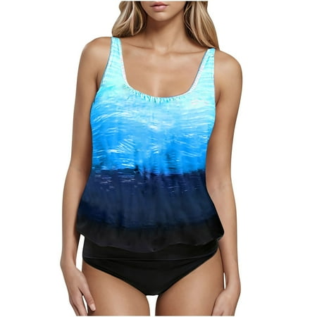 ZQGJB Tankini Swimsuits for Women Plus Size Tie Dye Gradient Color Printed Summer Swimwear Tummy Control Two Piece Bathing Suits with Boyshorts(Blue S)