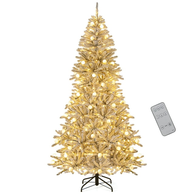 Costway 7 FT Snow-flocked Artificial Christmas Tree with 65 Sphere Lights 350 LED Lights