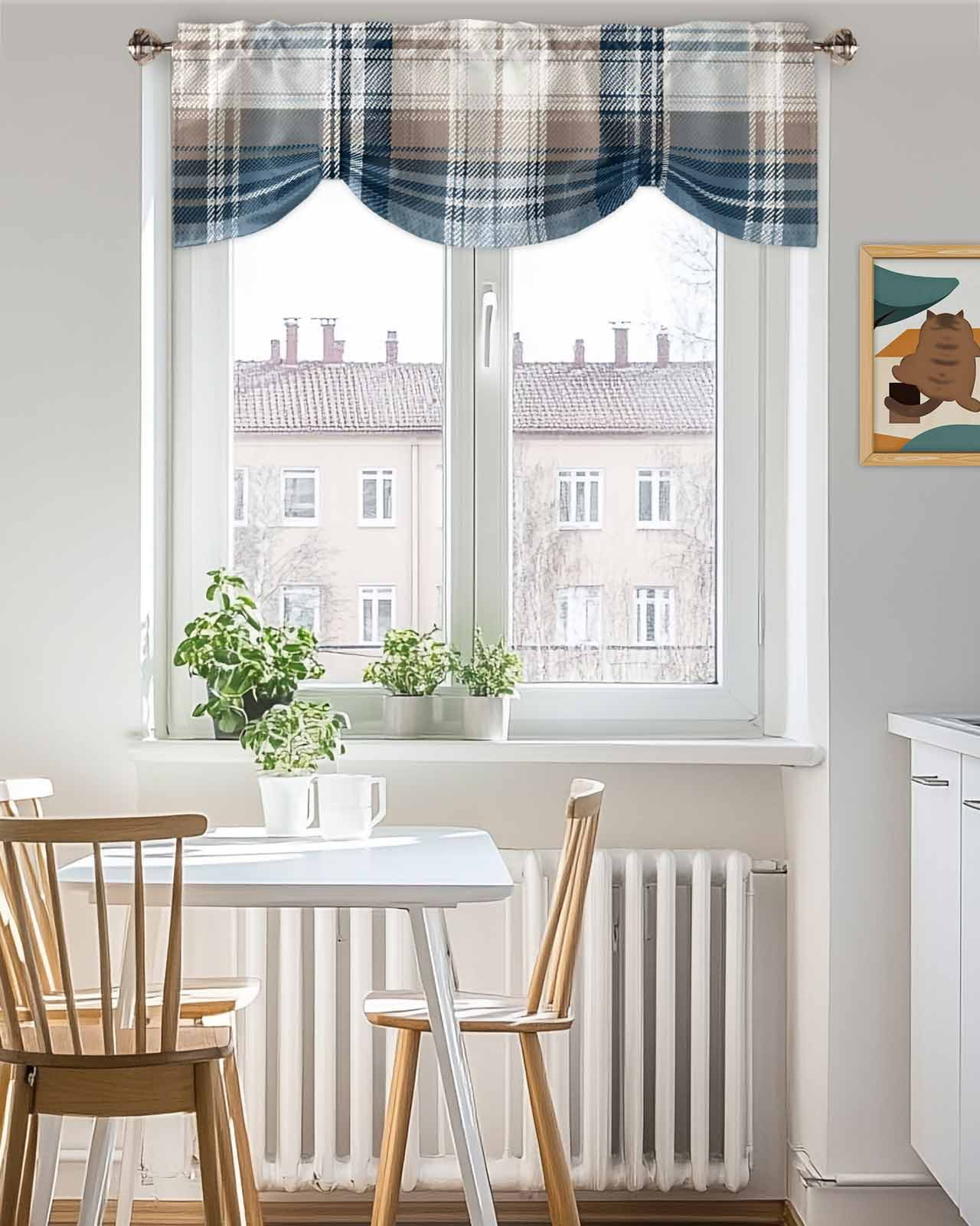 Vintage Plaid Tie Up Valances Curtain, Adjustable Kitchen Blue Brown White Plaid Texture Cotton Valances for Windows Decor, Rod Pocket Short Curtains Set for Bedroom/Bathroom, 60"x18"