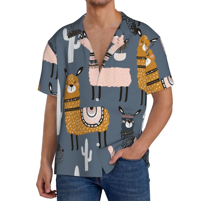 Fotbe Llama and Cactus Camisa Estampada de Manga Corta para Hombre, Casual de Verano, Estilo Playero, Sin Arrugas-Medium