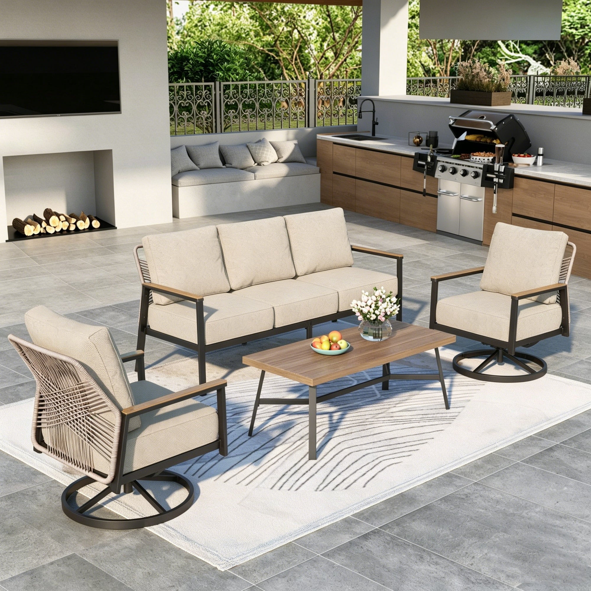 SUMMIT LIVING Wicker Outdoor Patio Furniture Set, 5-Seat Patio Conversation Set with Swivel Chairs, PE Rattan Outdoor Sofa Set, Beige