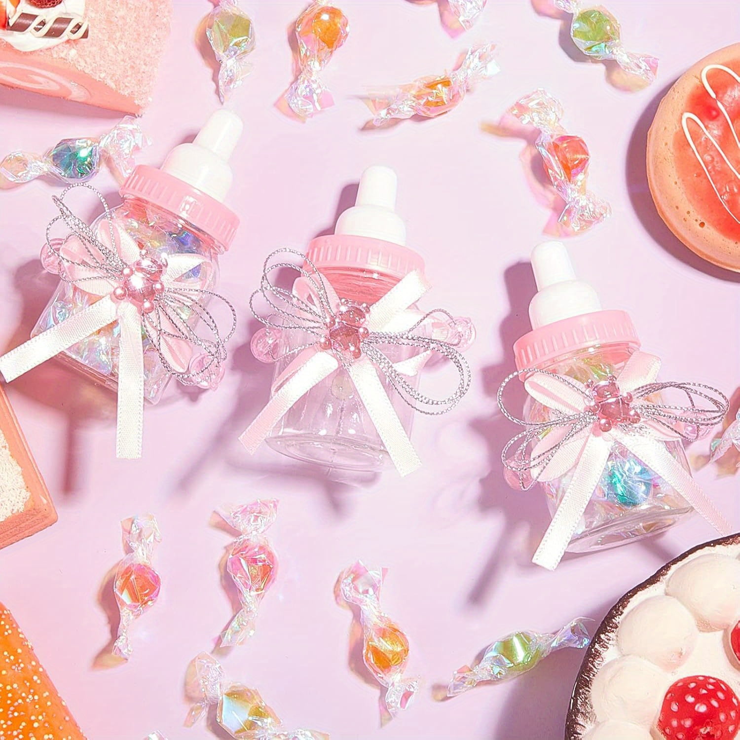 48pcs Mini Clear Milk Bottles 3.54×1.57in with Pink Ribbon, Cute Plastic Baby Shower Favors, Candy Containers for Girl Baby Shower Decorations, Gender Reveal Party Supplies