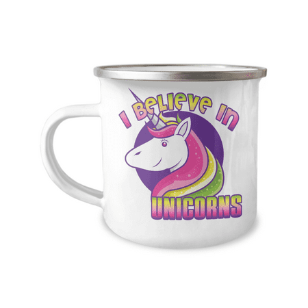 Unicorn Coffee mug, I Believe In Unicorns, Teen Coffee mug, Unicorn aunt, Unicorn teen-12 Oz Stainless Steel Enamel Finish White Camper Coffee Mug