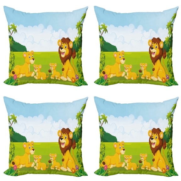 Ambesonne Cartoon Throw Pillow Cover 4 Pack, Lion Family in Forest, 20", Pale Blue Yellow and Green