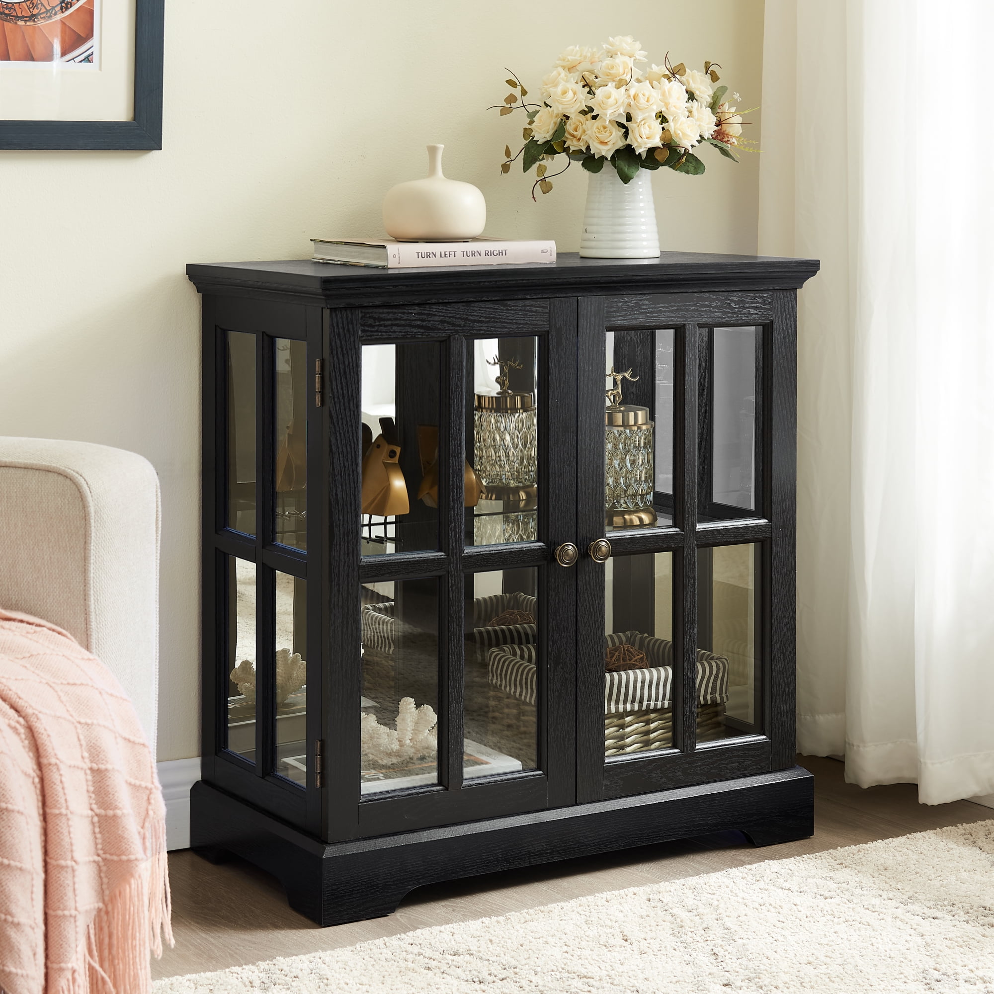 Leumius LED Curio Display Cabinet, Antique Display Cabinet with Adjustable Shelves, Retro Design Quality Showcase with Lattice Doors Elegant Bookcase and Storage Cabinet for Home Decor Black