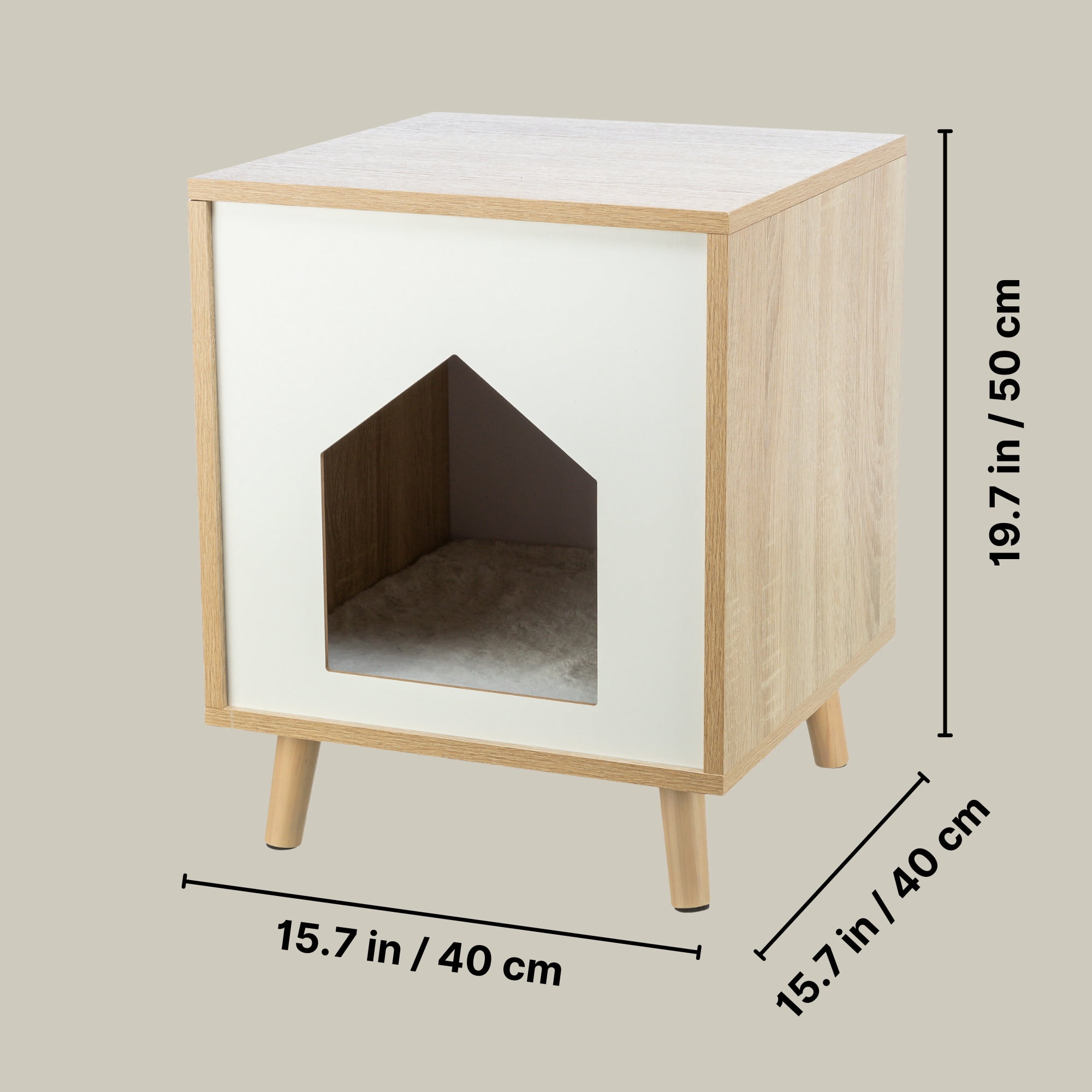 TRIXIE Isa Indoor Wooden Cat Condo, Modern Cat Bed Side Table with Cozy Cushion, Brown/White
