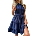 thumbnail image 1 of ZAXARRA Femmes une-Ligne Robe Sans Manches Cou Froncé Casual Partie Robe Courte d'Été avec Ceinture, 1 of 5