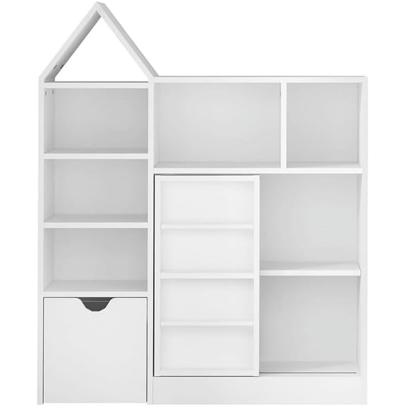 Kids Toy Storage Organizer & Bookshelf, Floor Storage Cabinet Toy Chest with Movable Drawers, Bookshelf with Storage Cubbies Toy Box, for Playroom, Bedroom, Classroom, Library, White