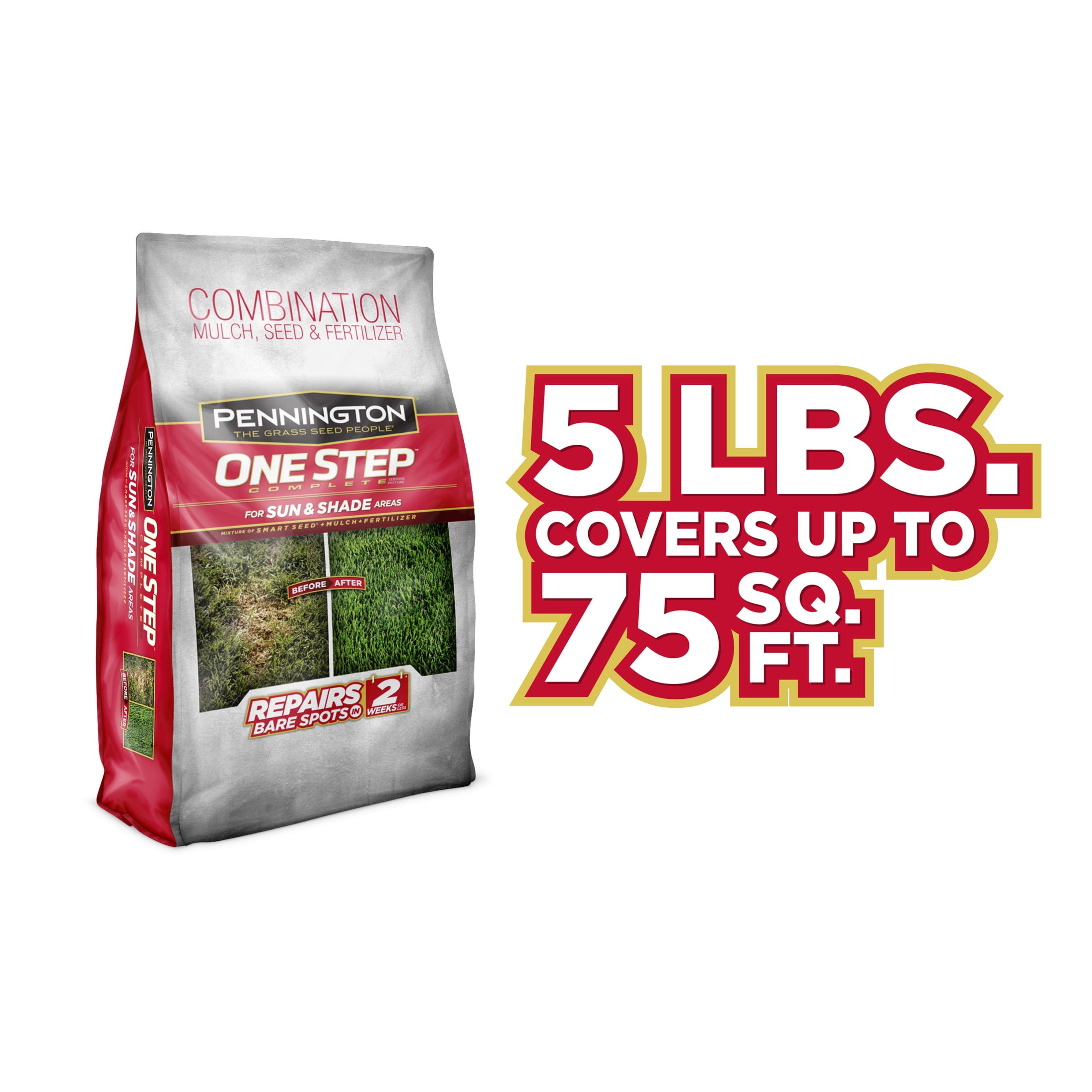(2 pack) Pennington One Step Complete Patch and Repair Grass Seed Mix, for Sun to Partial Shade Grasses, New 5 lb. Bag