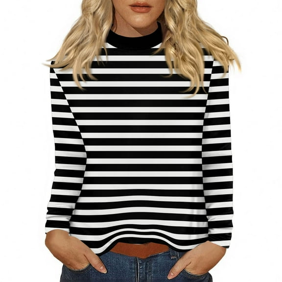 Women's Striped Long Sleeve T-Shirts Casual Crewneck Soft Stretchy Top Classic Fit for Daily Wear Lightweight Comfort Outfits ,Black L