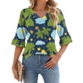 thumbnail image 2 of WTOBBY Women's Hawaiian Print Vacation Shirt V-Neck 3/4 Sleeve Puffy Sleeve Top Beachwear Tunic with Tropical Floral Pattern,Army Green L, 2 of 5