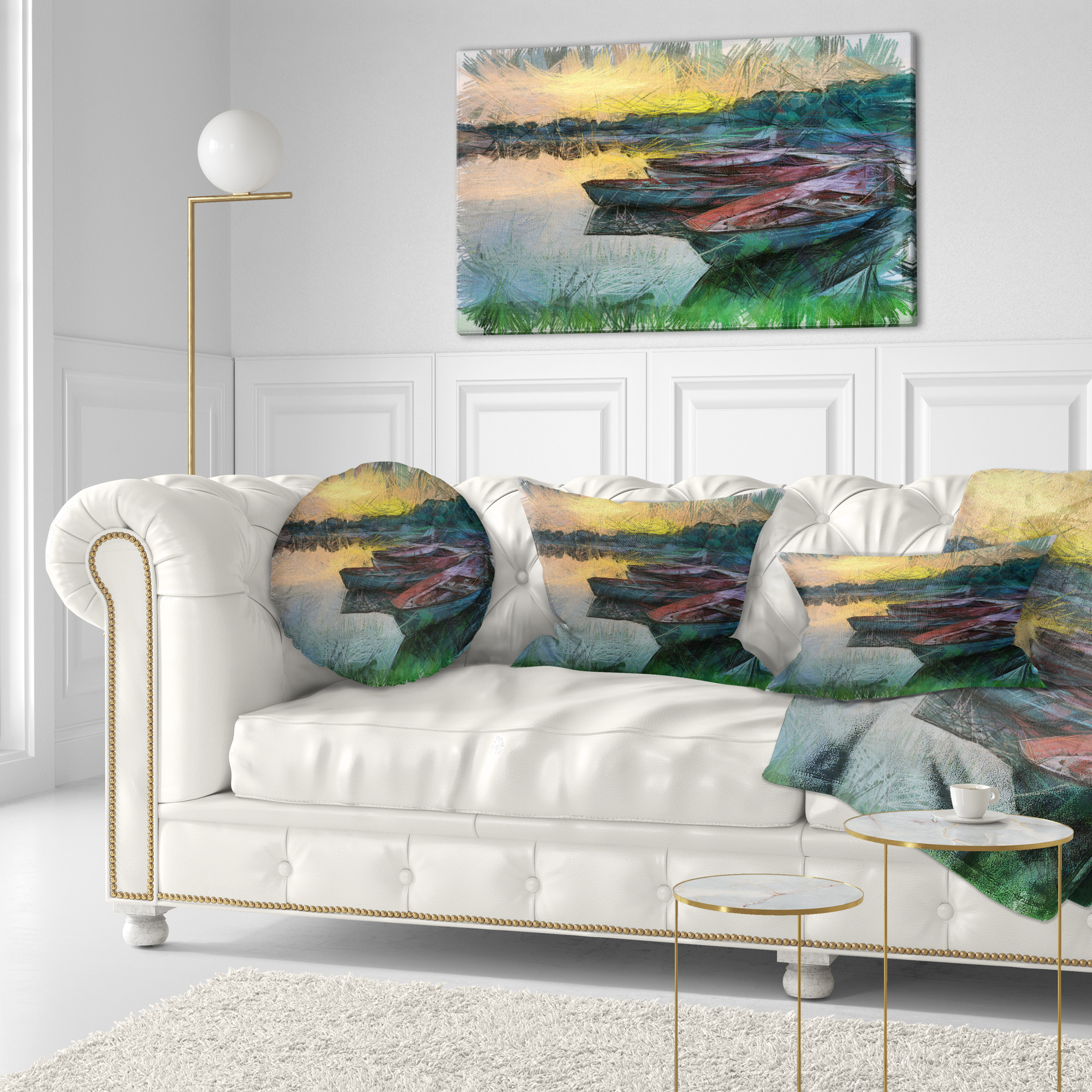 Designart Fishing Boats by River Watercolor - Landscape Printed Throw Pillow - 12x20