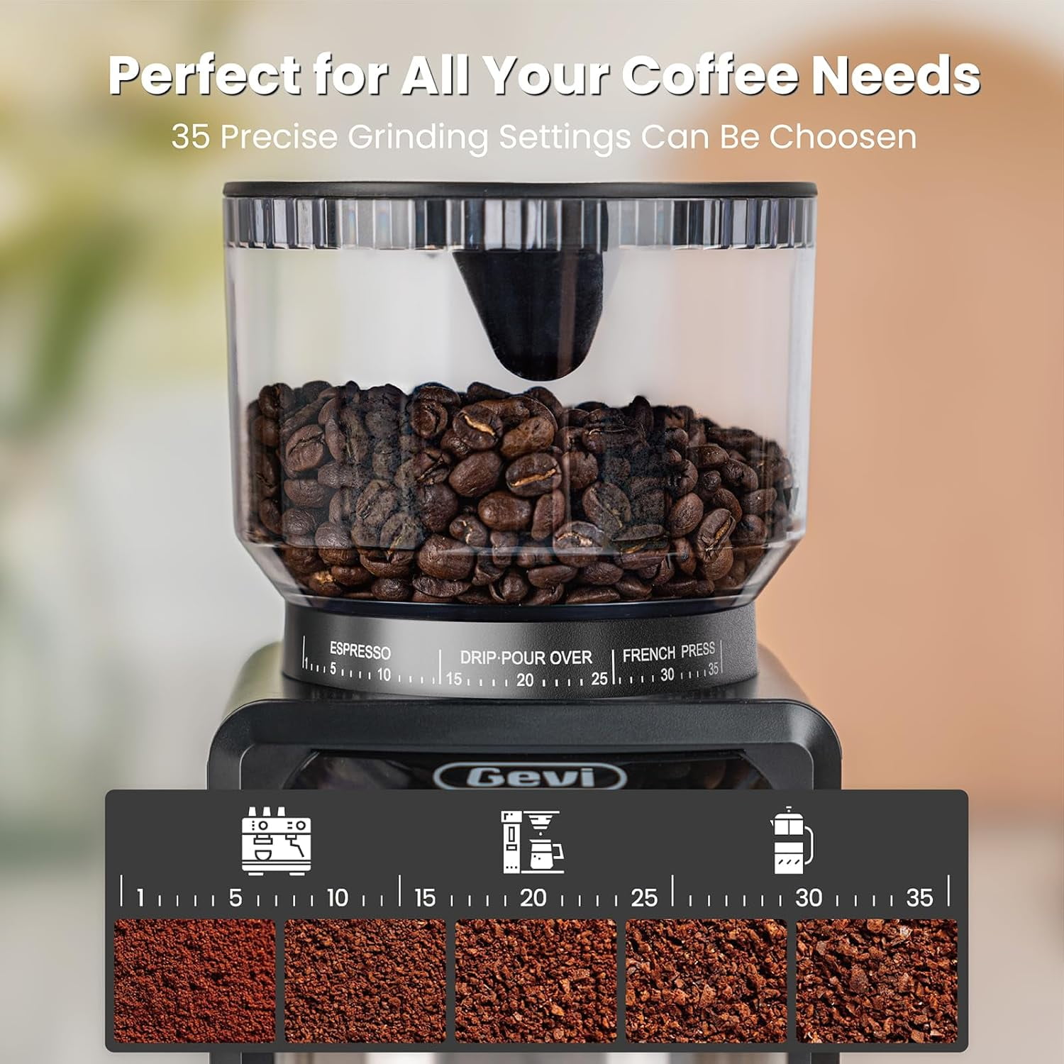 Electric Coffee Grinder with 35 Grind Settings for Espresso and Drip, Burr Mill for Home Use