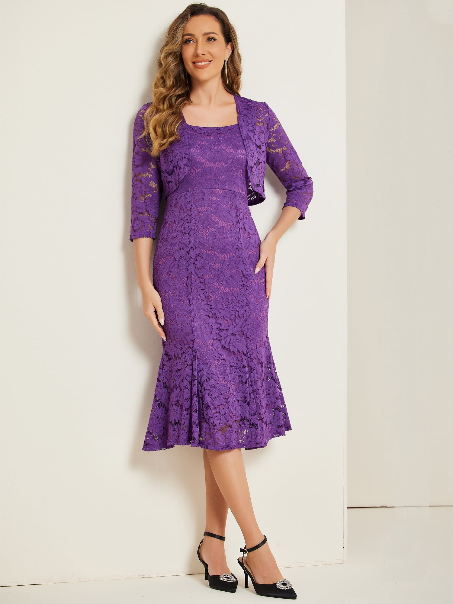 DARING DIVA Women's Fishtail Sheath Open Front Shrugs 2pc Lace Dress S Purple