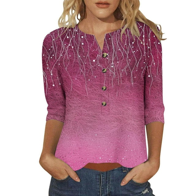 T-Shirts pour Femmes - Col en V Décontracté Coupe Ample Manches 3/4 Hauts pour Toutes les Occasions
