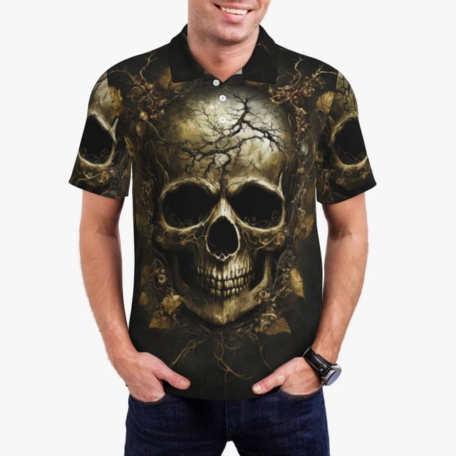 Balery Vintage Gold Leaf Skull Camisa Polo de Hombre con Estampado, de Manga Corta y Tejido Medio, Camisa Tipo Golf Polo-X-Large