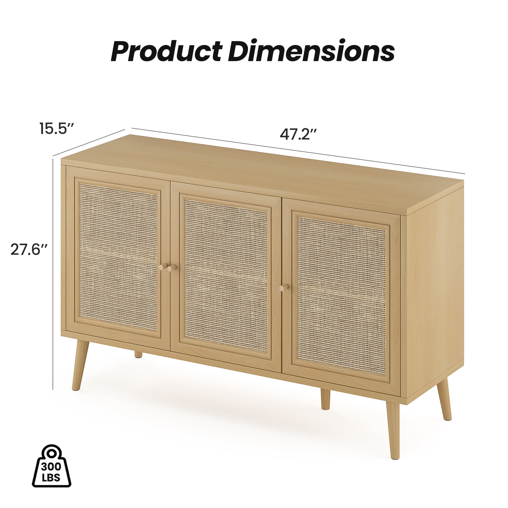 MAYEERTY Natural 47*15*28"Rattan-Fronted Sideboard Cabinet with 3 Doors for Dining Room & Entryway Storage