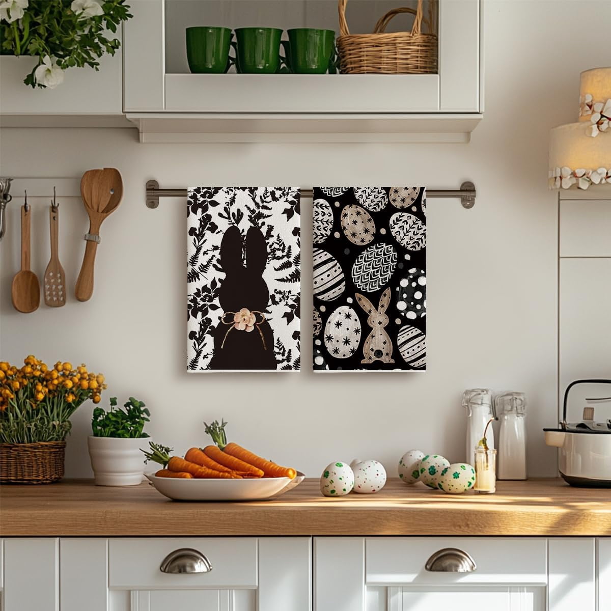 2 Piece 18x26 Inch Black Bunny Egg Kitchen Dish Towel Super Absorbent