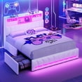 thumbnail image 6 of Aunfebrco Queen Size Bed Frame with Storage Headboard and 2 Drawers,Leather Upholstered Platform Bed with Hidden Bookcse Headboard and Charging Station ,Queen Size Gaming Bed with RGB LED Light,White, 6 of 9