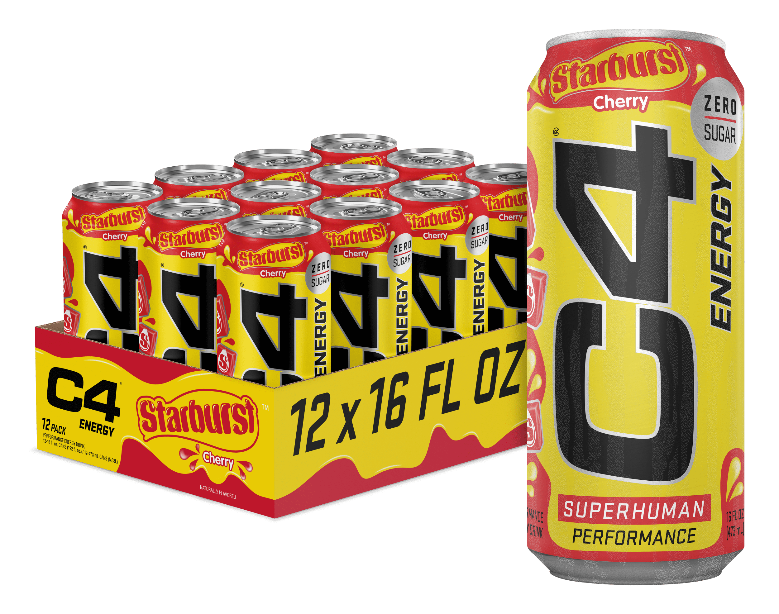 C4 Energy Drink, Starburst Cherry, Sugar Free, Carbonated Pre Workout  Drink, 16 oz, 12 pack 