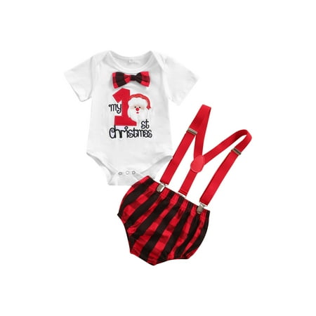 

TheFound My First Christmas Newborn Baby Boy Xmas Outfits Romper Bow Tie Bodysuit Plaids Overall Shorts Set