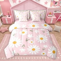 Homewish Rustic Groovy Flower Bedding Comforter Set 7 Pieces, Cartoon Pink Floral Full Bedding Set, Teens Kids Boys Girls Reversible Fitted Sheet Flat Sheet, Luxury Bedroom Decor