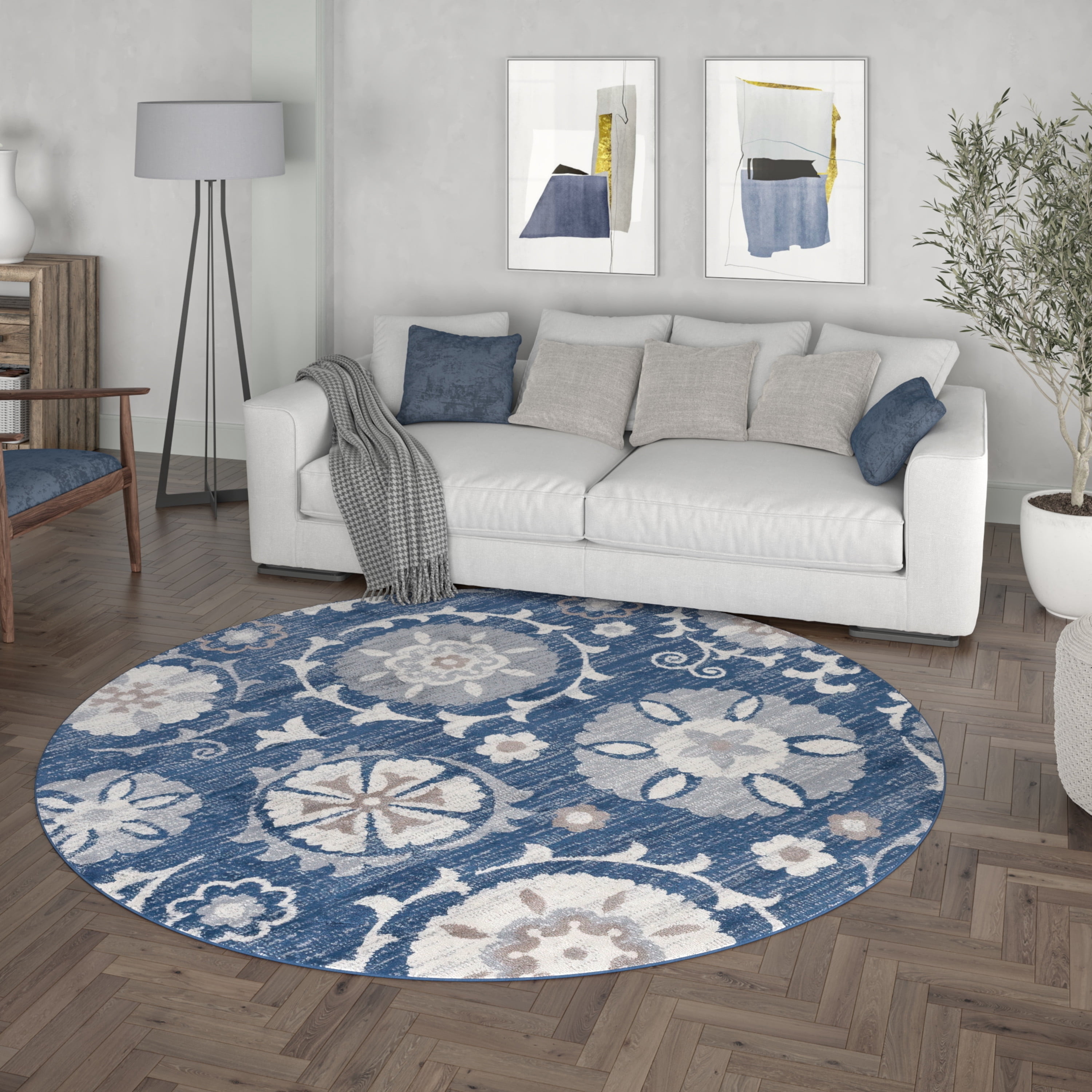 Madison Transitional 5' Round Navy and Cream Polypropylene Indoor Area Rug