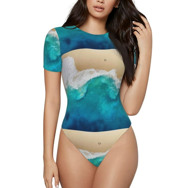 Fotbe Beach Body de Mujer con Cuello Redondo y Mangas Cortas, Sin Mangas Ajustado, Suave, Cómodo y Básico-Small