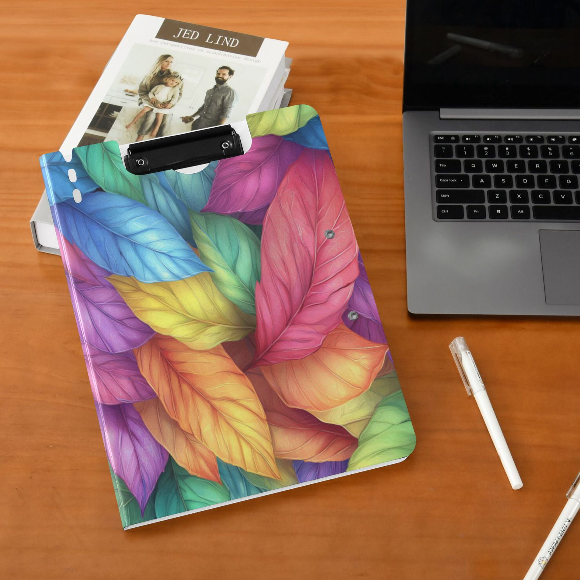 FORMRS A4 Clipboard Folder with Pen Holder Horizontal Foldable School Office Binder, Vibrant Leaves Pattern