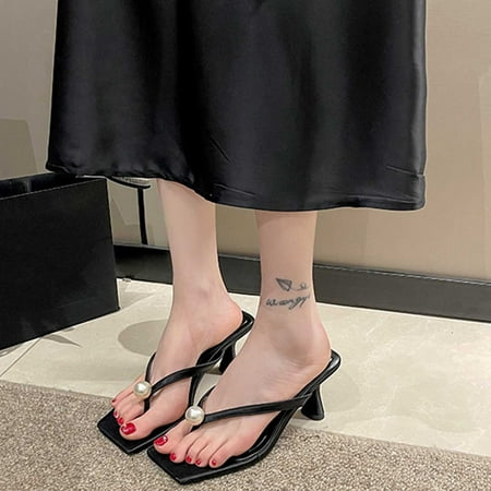 

AXXD Black Sandals for Women 7 Summer Beach Flip-flops With High Heels And Toe Pearl Flip-flops