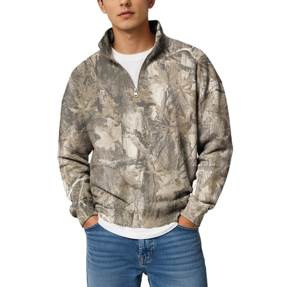 Camoflauge Quarter Zip Sweatshirt Men Oversized Mock Neck Maple Leaf Graphic Sweatshirt Fleece Long Sleeve Polo Shirts Athletic Comfort Military Camouflage Shirts Brown 2XL