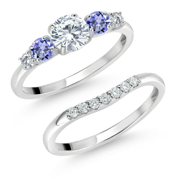 Gem Stone King 10K White Gold White Lab Grown Diamond and Blue Tanzanite 5 Stone Bridal Engagement Wedding Ring Set for Women (0.91 Cttw, Round: 5MM and 3MM, Size 7)