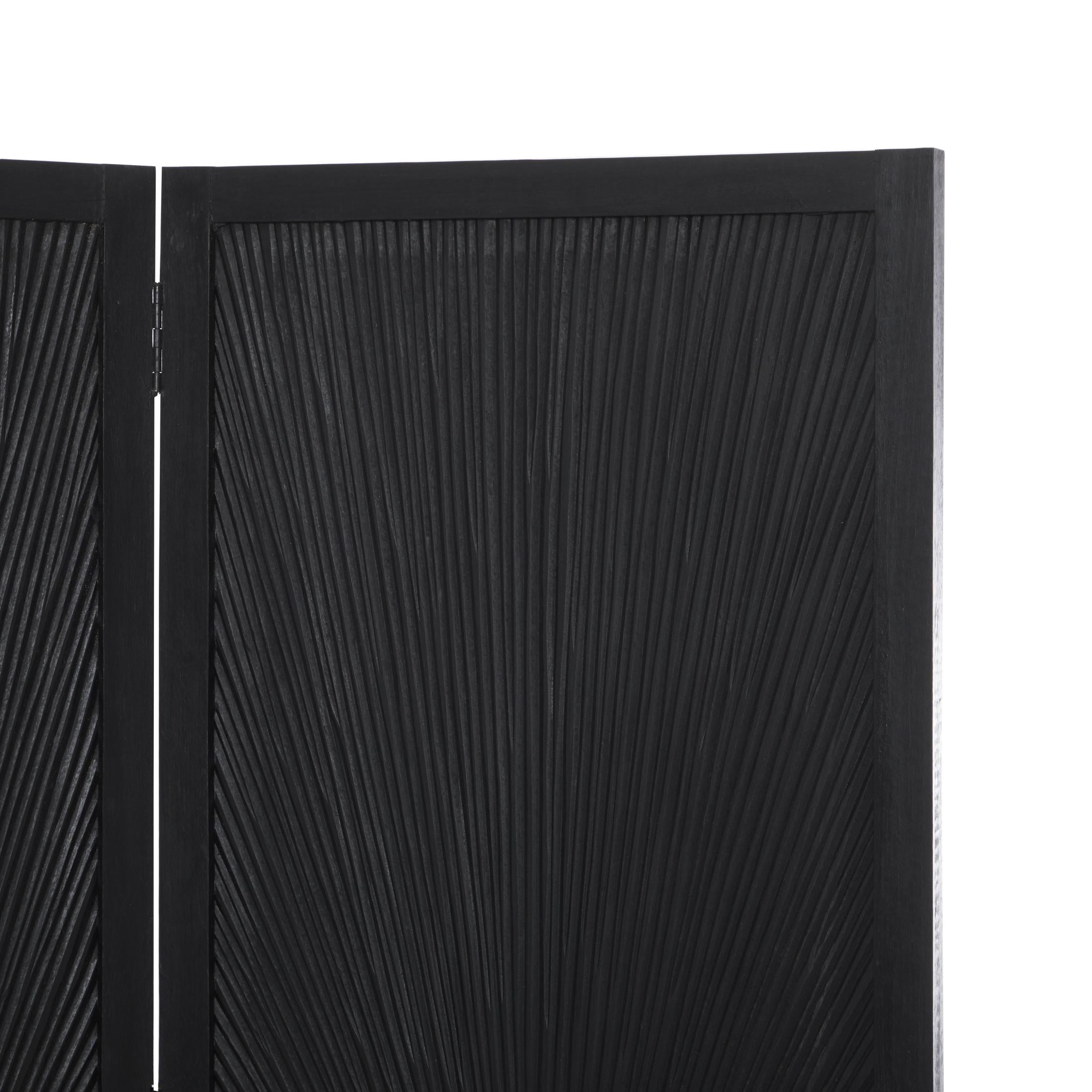 DecMode 59" x 70" Black Mango Wood Foldable Partition 3 Panel Room Divider Screen with Carved Design, 1-Piece