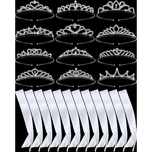 wonima02 12 Set Crown and Sashes Set Blank Satin Sashes for Pageants Rhinestone Prom Queen Tiara Crown White Blank DIY for Thanksgiving Halloween Birthday Wedding Prom Party Supplies