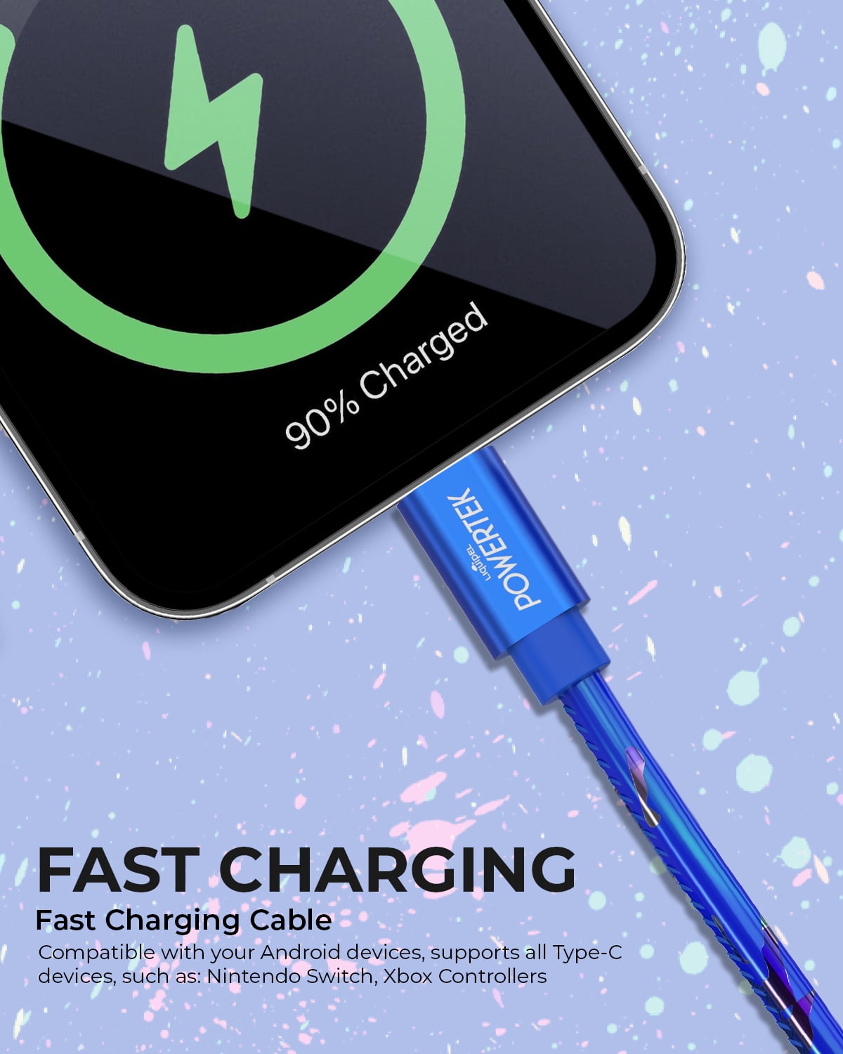 Liquipel Powertek Type-C Fast Charger Cable, 6ft USB-C for Galaxy, Note, Tab, MacBook, Neon Party