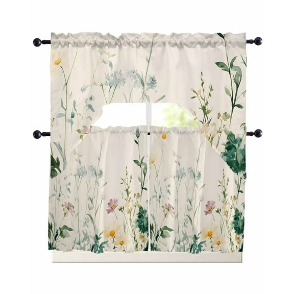 Spring Botanical Daisy Kitchen Curtains Sets 36 Inch Length with Valance, Vintage Watercolor Floral Swag Valances and Tiers Curtain Set Drapes Swag Curtains for Living Room, Bathroom, Bedroom, Cafe