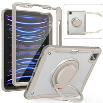 SaniMore Case for Apple iPad Air 11 (2024), with Shoulder Strap Pencil Slot Hybird PC TPU Back Cover 360° Ratating Handle Bracket Shockproof Anti-fall Rugged Kids Shell, Khaki